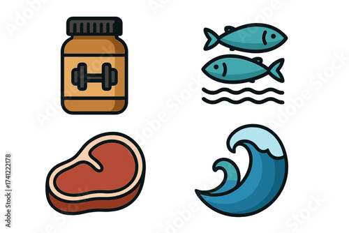 Protein sources and sea icons vector set. Bodybuilding supplement, fish, meat steak and ocean wave symbols. Nutrition for fitness and health. Logo collection for food industry.