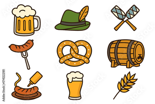 Oktoberfest vector icon set. German beer festival food and drink symbols. Collection with beer mug, pretzel, sausage, Bavarian hat, and barrel. Flat cartoon illustration pack.