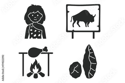 Prehistoric life vector icon set. Stone Age concept. Cavewoman, bison rock art, meat on fire, flint tools. Ancient civilization, archaeology, evolution, history symbols.