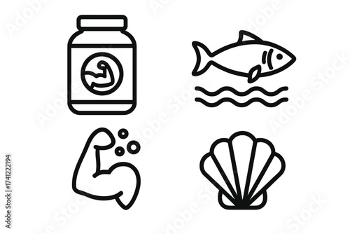 Protein sources icon set. Bodybuilding supplement, whey powder jar, muscle arm, fish and seashell icons. Nutrition, fitness and seafood concept. Line art vector collection.