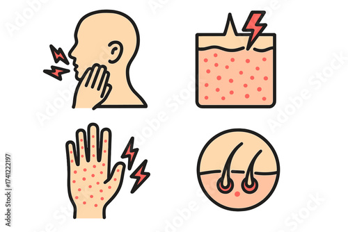 Vector icon set of dermatology and pain symbols. Skin rash, allergy, inflammation, toothache. Medical illustration for dermatitis, psoriasis, eczema, and healthcare concepts.