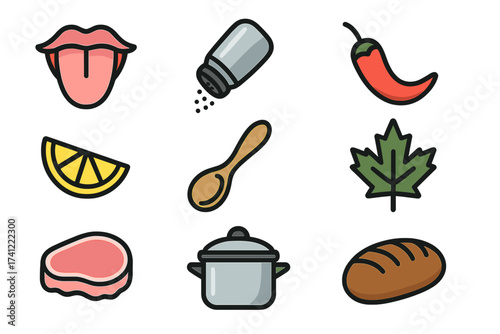 Vector icon set of food and cooking elements. Taste and flavor concepts with tongue, salt, chili pepper, lemon, spoon, maple leaf, meat, pot, and bread for culinary design.