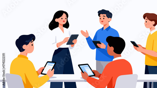 People using tablets in group setting