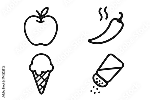 Food taste and flavor icons collection. Vector symbols of sweet, salty, and spicy. Includes apple, hot chili pepper, ice cream cone, and salt shaker for cooking concepts.