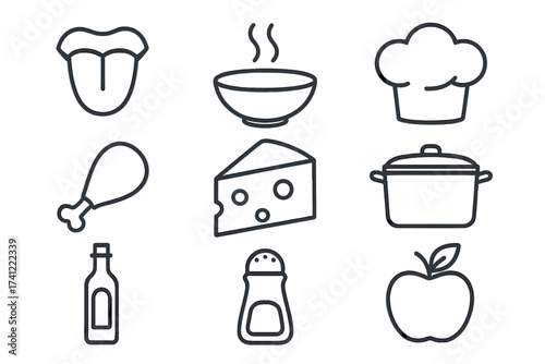 Food and cooking line icon set. Vector collection of simple culinary symbols for taste, recipe and menu. Chef hat, soup, cheese, chicken, pot. Kitchen and restaurant elements.