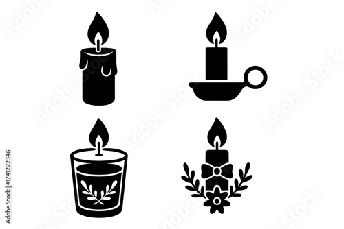 Candle icon set. Vector glyph silhouette design. Candlelight symbol. Light, flame, wax, fire. Concept for Christmas, memorial, spa, religion, romantic dinner, cozy hygge.