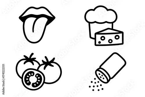 Food and cooking icon set. Taste, flavor, and seasoning concept. Vector collection with tongue, chef hat, cheese, tomato, and salt shaker. Gastronomy and culinary symbols.