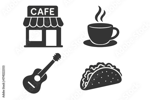 Cafe and latin symbol collection. Coffee shop, taco food and acoustic guitar music icon set. Vector pictogram for mexican restaurant, fast food or coffee break concept.
