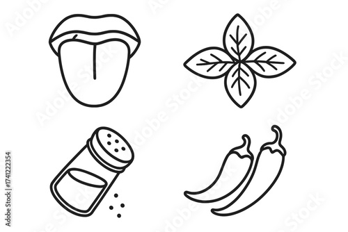 Taste and seasoning vector icon collection. Outline symbols for flavor, spice, and cooking. Set includes tongue, basil herb, salt shaker, and hot chili pepper. Food graphic.