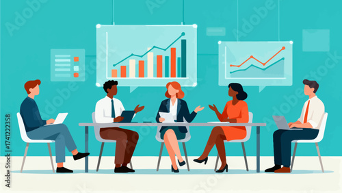 Business team in meeting with data charts