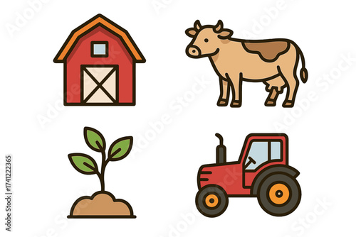 Agriculture and farming icon set. Vector illustration of farm life elements. Includes red barn, dairy cow, farm tractor, and plant sprout. Concepts for breeding and cultivation.