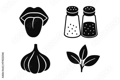 Taste and seasoning icon set. Vector flavor symbols collection. Salt, pepper, garlic, herb, tongue glyphs. Simple food ingredient silhouette for cooking, kitchen, recipe, menu.