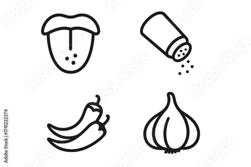 Taste and seasoning vector icon set. Flavor concepts: tongue for taste, salt for salty, chili for spicy and hot, and garlic for seasoning. Food ingredient graphic elements.