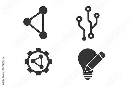 Vector icon set for technology and innovation. Includes connection, share symbol, circuit board, gear, and lightbulb with pencil. Concepts for creative process, and development.
