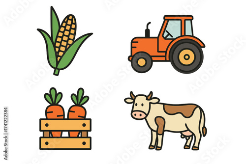 Agriculture and farming vector icon set. Tractor, corn, carrot, and cow symbols. Concepts for cultivation, harvest, breeding, organic food, and the livestock industry.