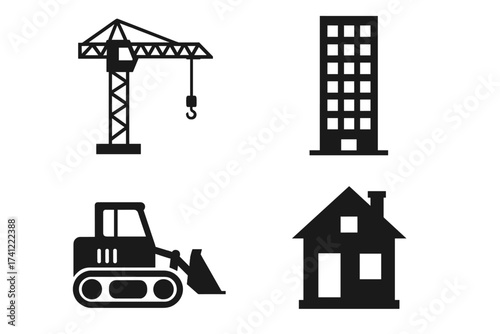 Construction and building icon set. Vector symbols for real estate and architecture. Crane, skyscraper, bulldozer and house silhouettes. Industrial development and engineering design.