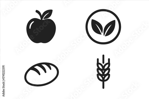 Food icon set vector. Organic and natural symbols. Healthy eating, nutrition, diet concept. Black icons of apple, bread, wheat, vegan leaf sign for eco and bio products.