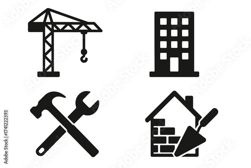 Construction icon set. Building industry vector symbols. Real estate and architecture concepts. Crane, house, apartment, hammer, wrench, and trowel tools for engineering.