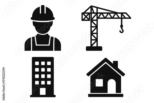 Construction icon set. Vector symbols of building industry. Worker, crane, house, apartment icons. Real estate, architecture, engineering pictogram. Property development sign.