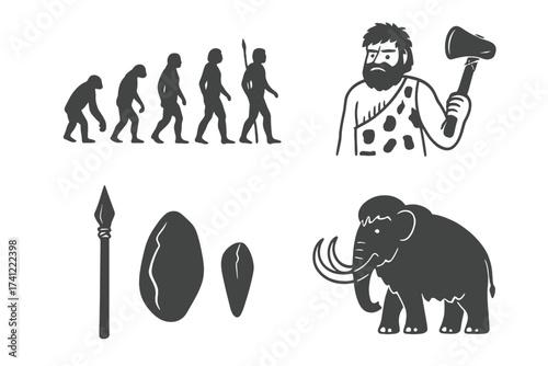 Human evolution vector icon set. Prehistoric stone age concept with caveman, mammoth, and ancient tools. Anthropology silhouette of primitive man from ape to homo sapiens.