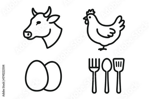 Farm food line icon set. Cow, chicken, egg symbols for agriculture, breeding, livestock. Kitchen cutlery, fork, spoon for cooking, restaurant menu, fresh meal concept vector.