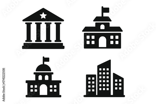 Vector set of municipal building icons. Courthouse, bank, city hall, capitol building silhouettes. Government, finance and education symbols. Urban downtown office center graphic.