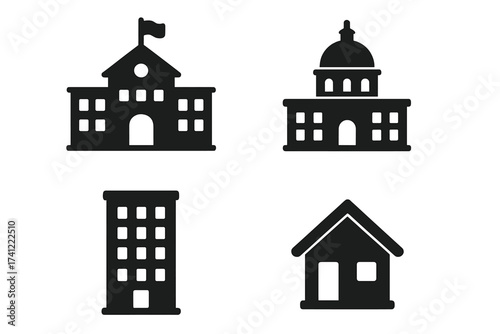 Building icon set vector. Collection of municipal, government, and residential property symbols. School, courthouse, office, and house silhouettes for web and graphic design.