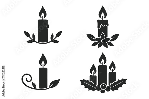 Set of candle icons. Christmas decoration silhouette. Vector candlelight symbol collection. Holiday advent design element. Holly berry, poinsettia flower & leaf illustration.