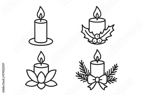 Vector candle line icon set. Christmas decoration with holly and pine branch. Spa, meditation, wellness symbol with lotus flower. Simple candlelight outline illustration.