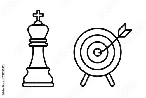 Vector line icon set of chess king and target with arrow. Business strategy concept. Metaphor for goal achievement, success, leadership, victory, mission accomplished, and focus.