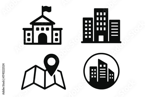 City and municipal building icon set. Vector collection of town hall, government center, and skyscraper symbols. Real estate and location pin on map for business branding.