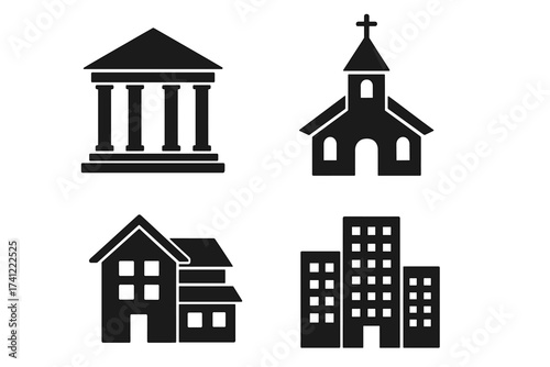 Building icon set. Vector collection of municipal and public buildings. Simple flat symbols for government, bank, church, house and office. City architecture signs and logos.