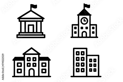 Building icon set vector. Government, courthouse, bank, university. School, college, clock tower. City hall, municipal center, office, apartment. Architecture line symbols.