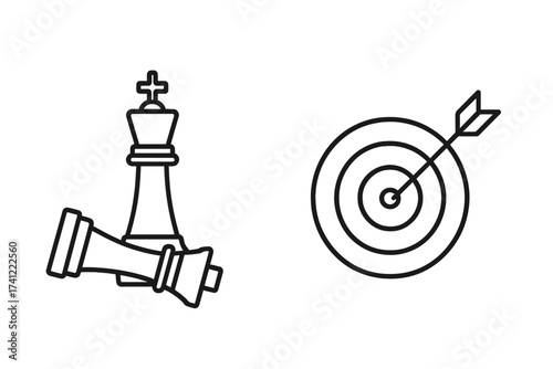 Checkmate and target icon set. Metaphor for business strategy, goal achievement, and success. Vector line art of chess pieces for victory, competition, and hitting the mark.