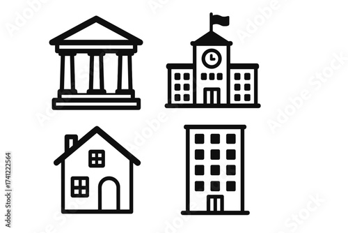Building icon set. Vector line art of municipal and residential architecture. Includes bank, courthouse, school, home, and office block. For urban, government and real estate concepts.