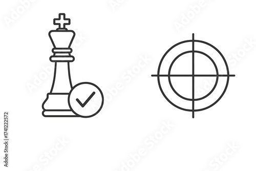 Vector icon set of checkmate and targeting. Chess king with check mark for success. Business strategy and victory. Goal achievement, mission focus. Thin line illustration.