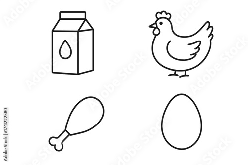 Poultry and farm product icon set. Vector line icons of chicken, egg, meat drumstick, and milk carton. Simple outline symbols for grocery, protein, agriculture, food.