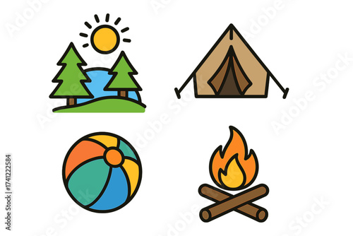 Outdoor adventure and nature fun icon set. Vector logos for camping, travel, and summer vacation. Includes sunny landscape with trees, tent, beach ball, and campfire symbols.