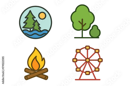 Set of four linear color icons for recreation and leisure. Nature travel logo with pine trees and sun. Park tree symbol. Campfire icon for camping. Ferris wheel for amusement park.