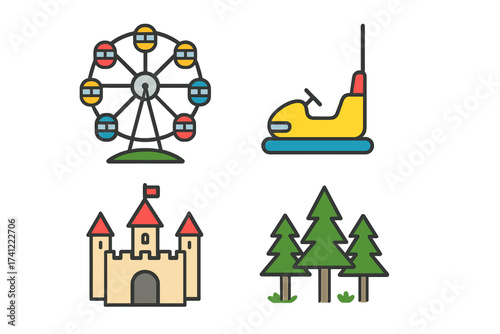 Vector icon set of amusement park and entertainment. Includes ferris wheel, bumper car, fairytale castle, and forest trees. For carnival, funfair, theme park, and family fun.