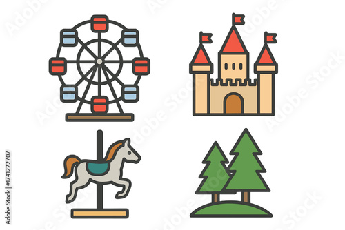 Amusement park icon set. Vector collection of theme park and carnival elements. Ferris wheel, fairytale castle, carousel horse and forest trees. Entertainment and fun concept.