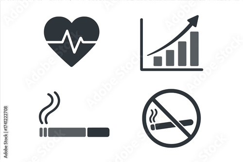 Smoking health risk vector icon set. Heartbeat cardiogram, increasing disease graph, cigarette, no smoking sign. Unhealthy habit, nicotine addiction, quit smoking concept.
