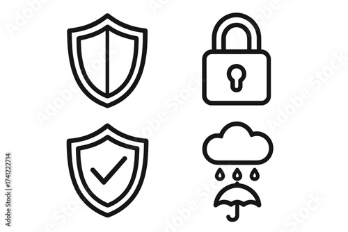 Vector icon set of protection and security symbols. Collection of line art logos featuring shield, padlock, and checkmark. Concept of safety, insurance, guarantee, and privacy.