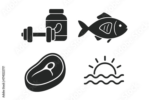 Protein sources glyph icon set. Fitness, bodybuilding nutrition. Healthy food for diet. Dumbbell, supplement, fish, meat steak. Summer sea vacation. Vector symbols collection.