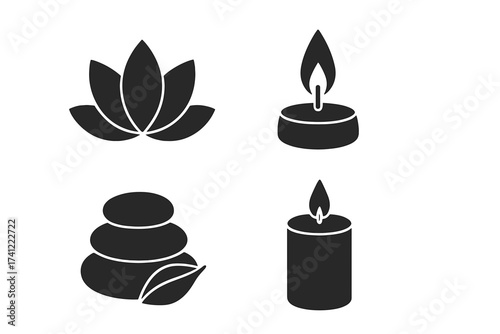 Spa and wellness icon set. Vector collection of relaxation symbols. Lotus flower, zen stones, aromatherapy candles. For yoga studio, massage therapy, and beauty salon design.
