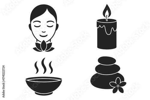 Spa and wellness glyph icons set. Beauty salon, relaxation, meditation symbols collection. Woman face, lotus, aromatherapy candle, hot stones, steam bowl. Vector silhouette.