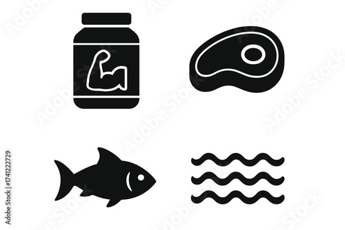 Protein food sources vector icon set. Bodybuilding supplement, meat steak, and fish seafood symbols. Fitness nutrition and diet glyph collection for web and mobile app.