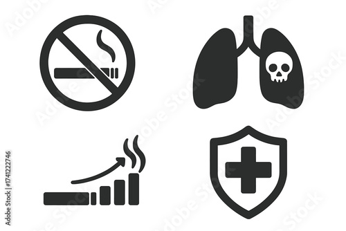 Smoking icon set vector. No smoking sign. Lungs cancer death skull. Nicotine addiction risk chart. Health protection shield. Stop smoking for life concept. Unhealthy habit.