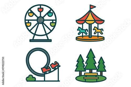 Amusement park icon set. Vector illustration of funfair entertainment. Includes Ferris wheel, roller coaster, and carousel rides. Outdoor recreation and city park concept.