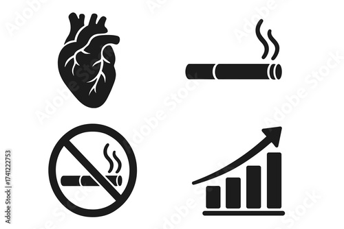 Smoking health risks icon set. Heart disease danger from cigarettes. No smoking sign for quitting tobacco. Nicotine addiction concept. Statistical chart showing increased risk.